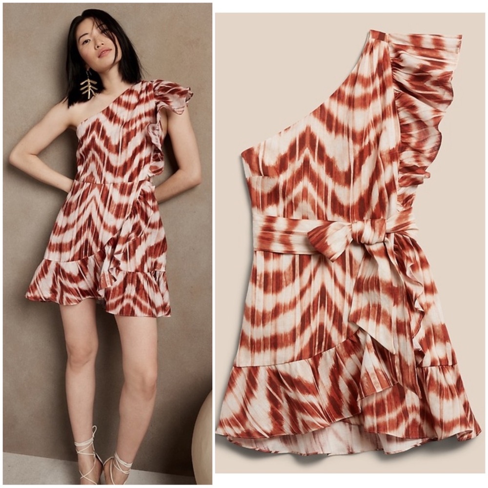 BANANA REPUBLIC Women’s Size 6‎ Zebra Print Linen Ruffle One Shoulder Mini Dress